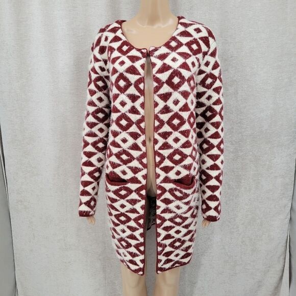 Carapace Longline Cardigan Maroon and White Geometric Aztec Pattern Women's S - Picture 5 of 12